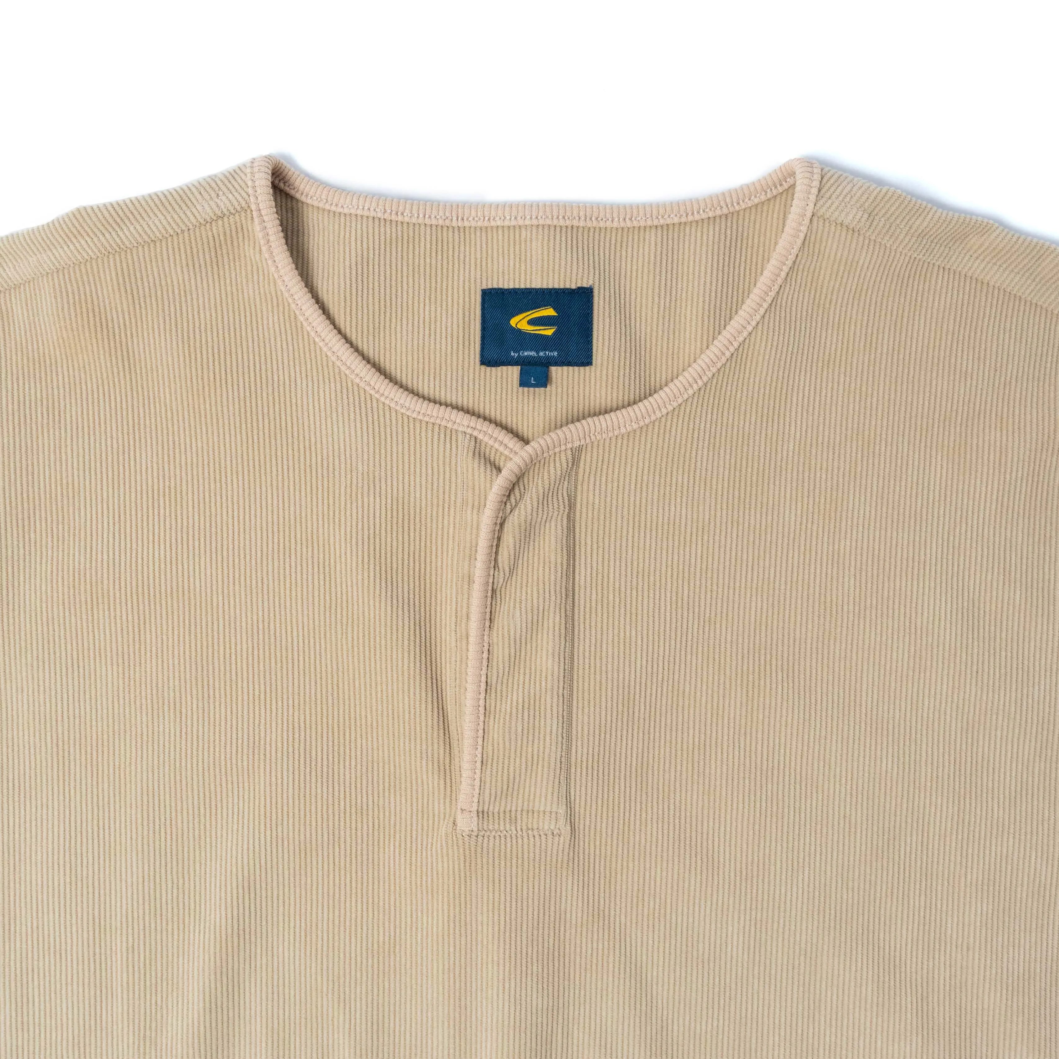 Unisex Long Sleeve Henley Sweatshirt in Oversized with Bicep Pocket in Cream Corduroy