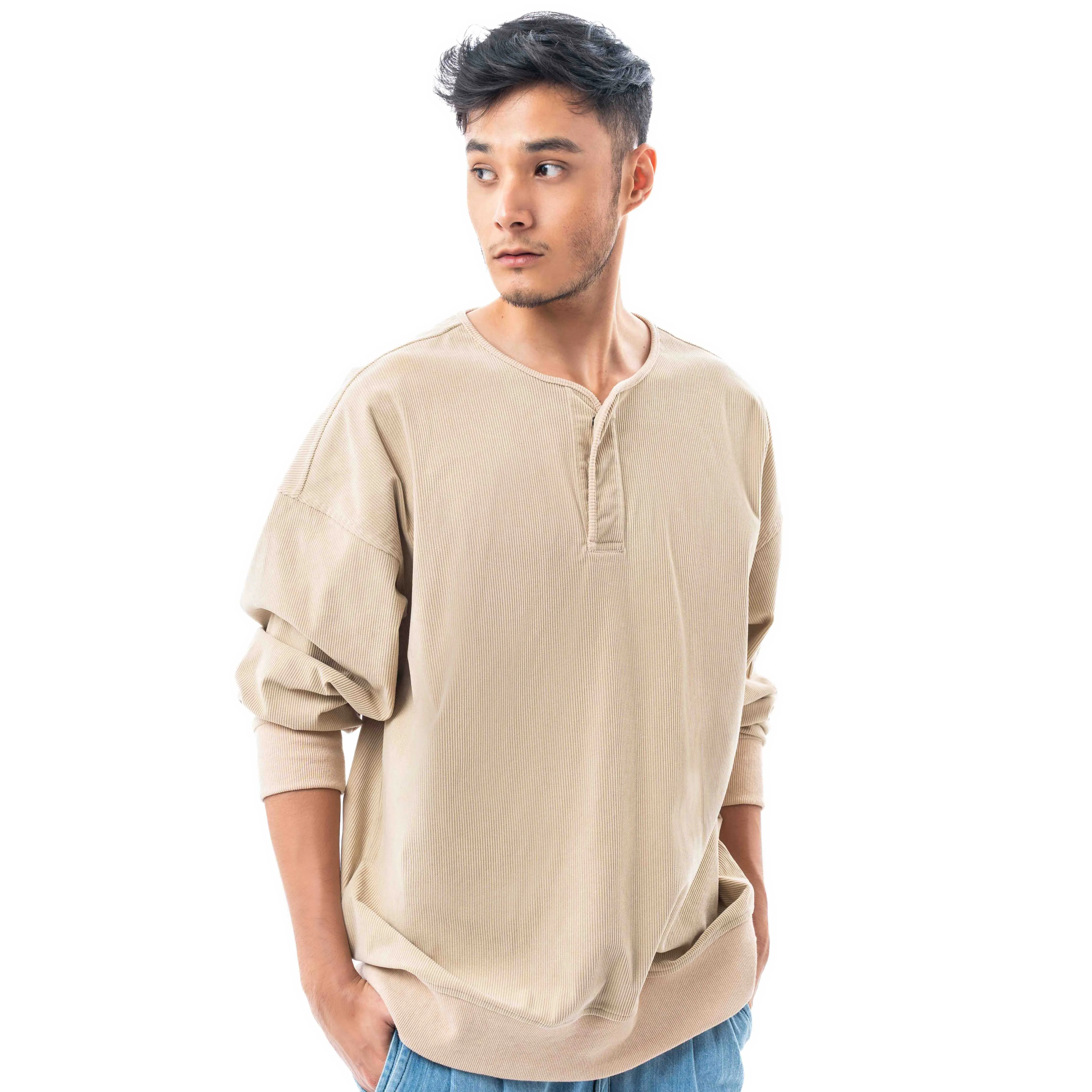 Unisex Long Sleeve Henley Sweatshirt in Oversized with Bicep Pocket in Cream Corduroy