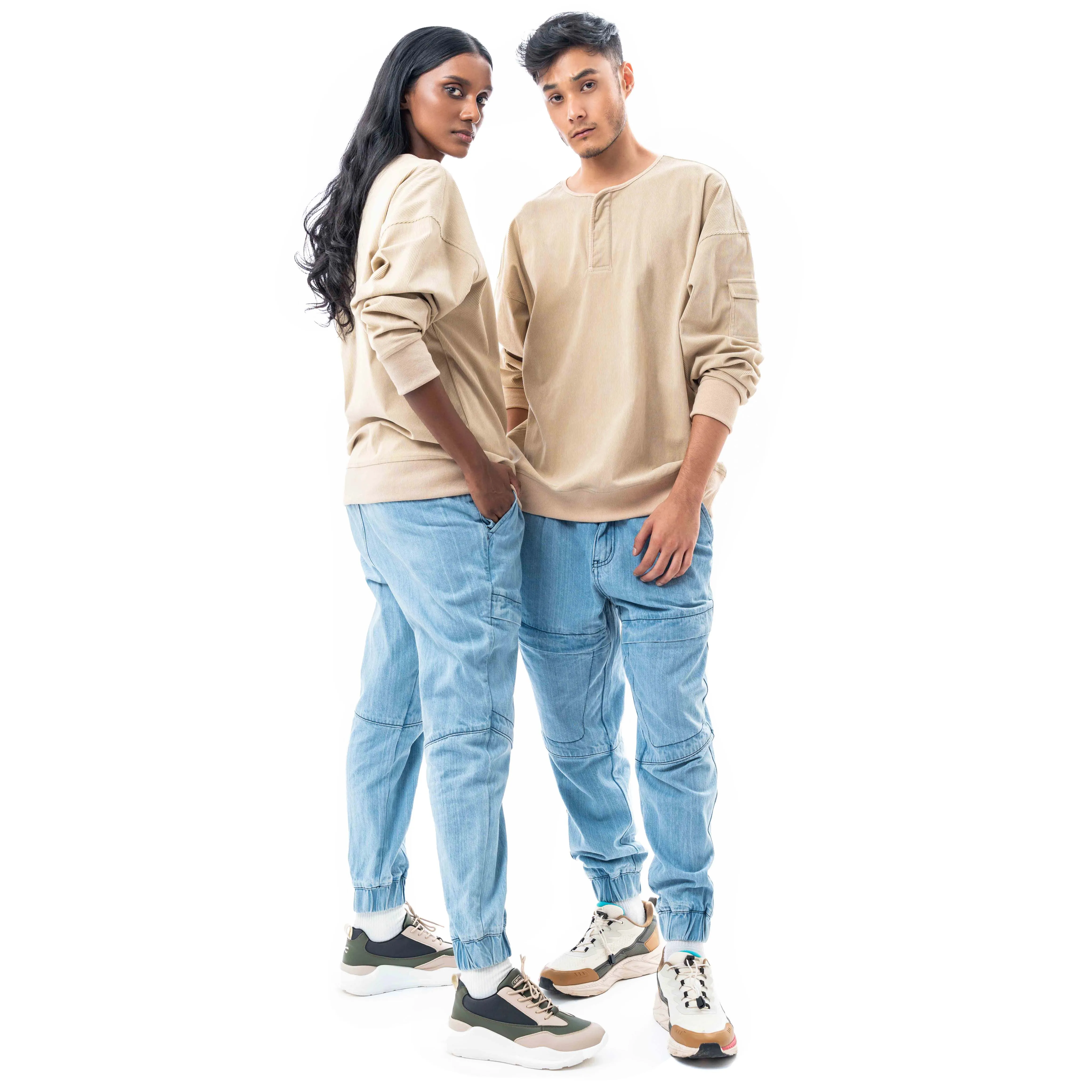 Unisex Long Sleeve Henley Sweatshirt in Oversized with Bicep Pocket in Cream Corduroy