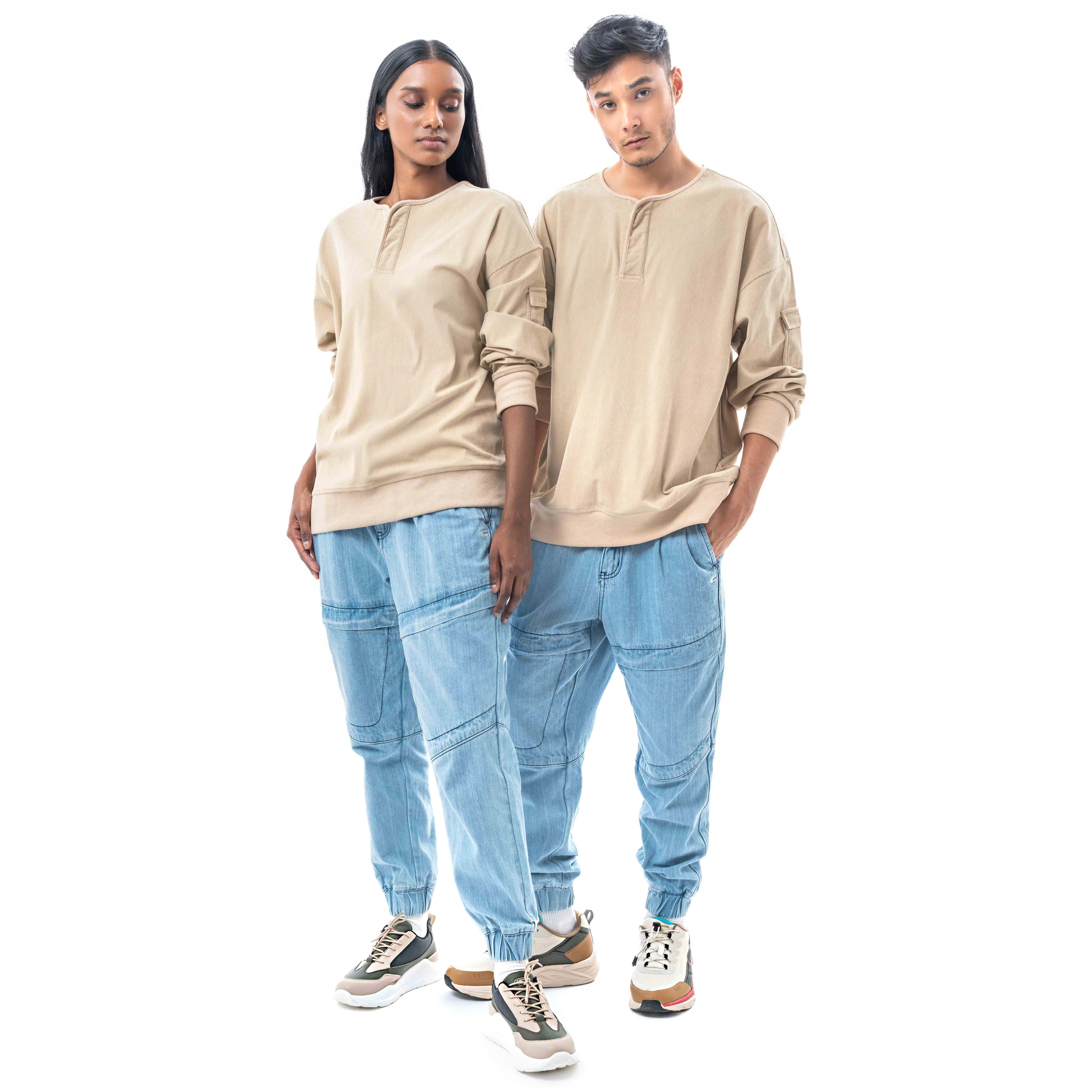 Unisex Long Sleeve Henley Sweatshirt in Oversized with Bicep Pocket in Cream Corduroy