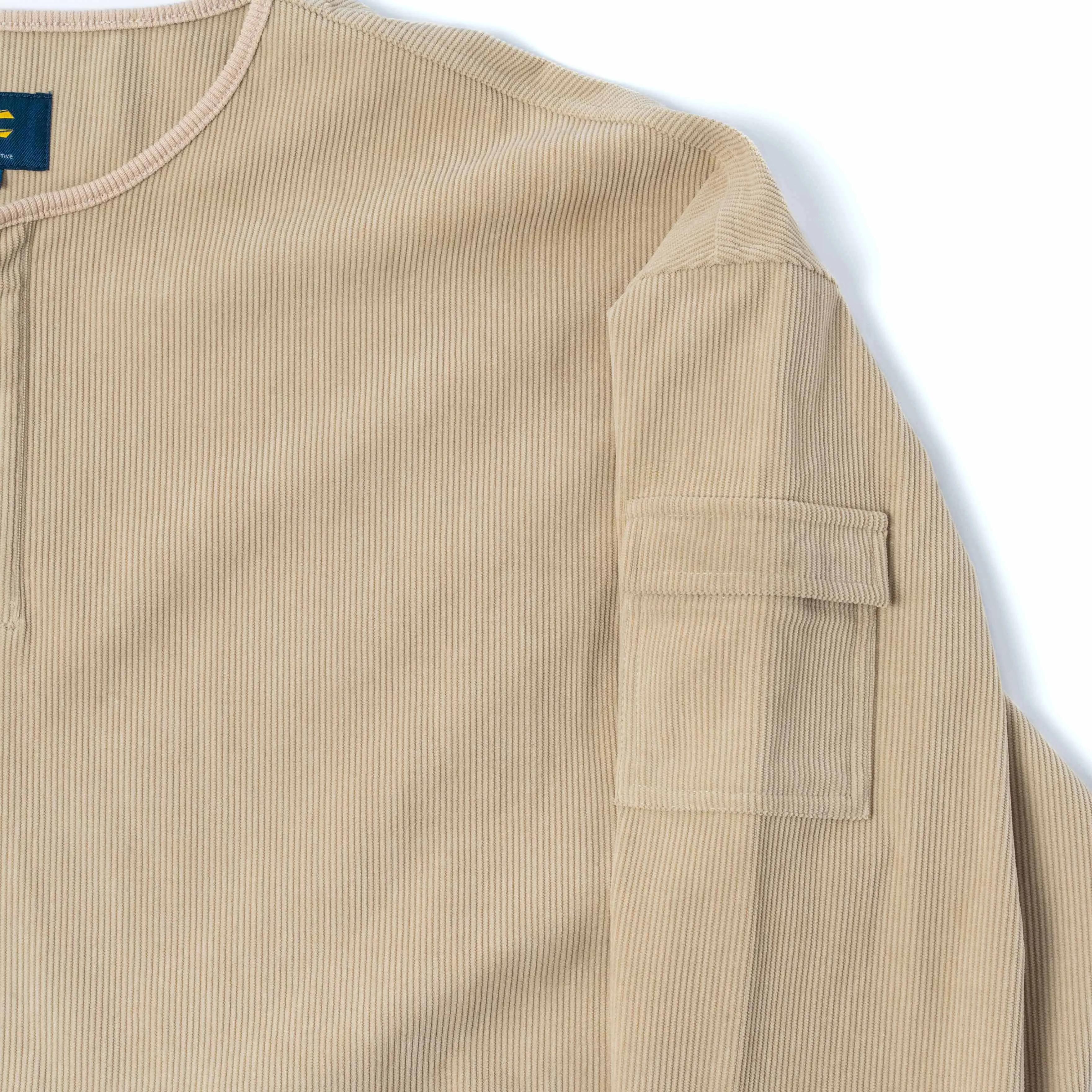 Unisex Long Sleeve Henley Sweatshirt in Oversized with Bicep Pocket in Cream Corduroy