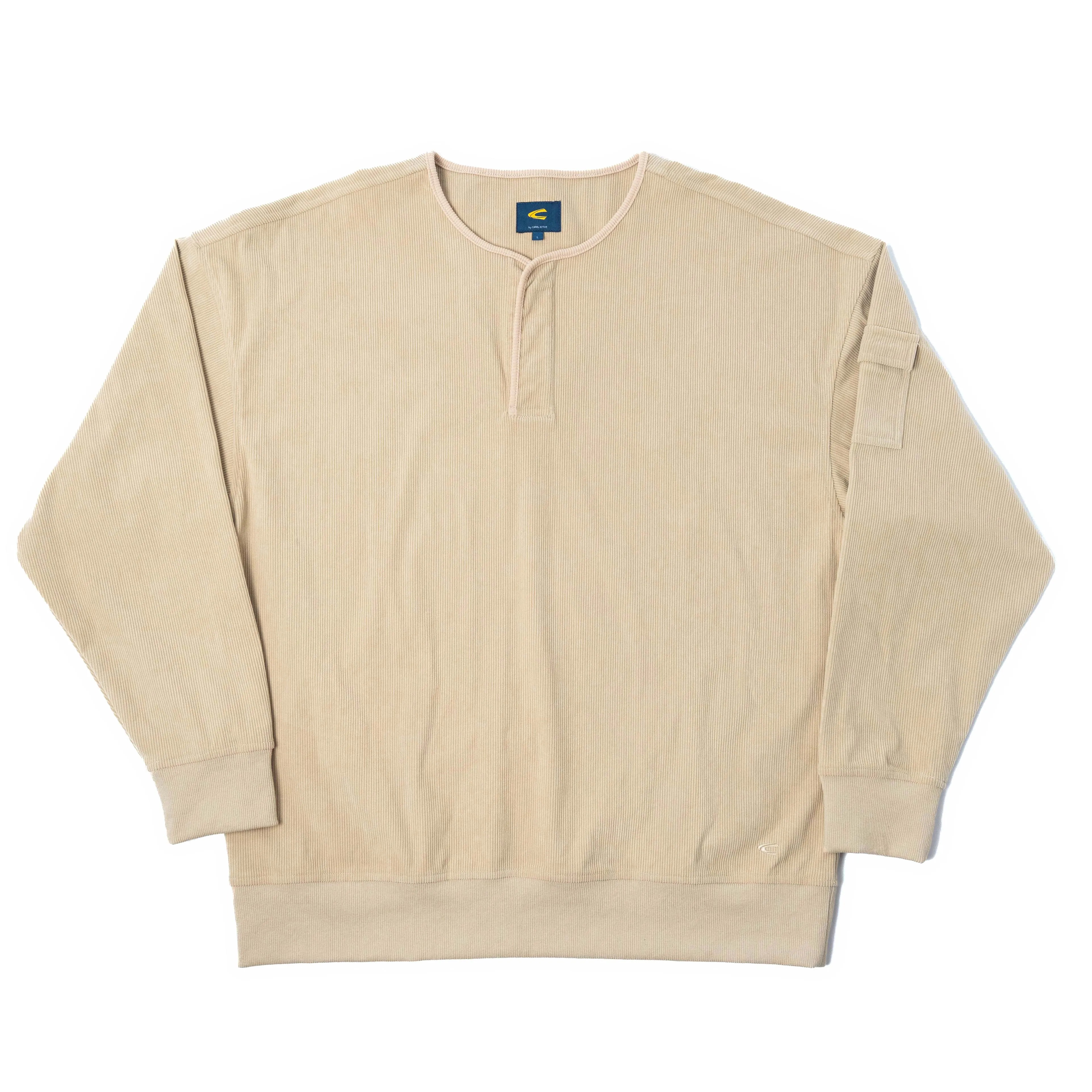 Unisex Long Sleeve Henley Sweatshirt in Oversized with Bicep Pocket in Cream Corduroy