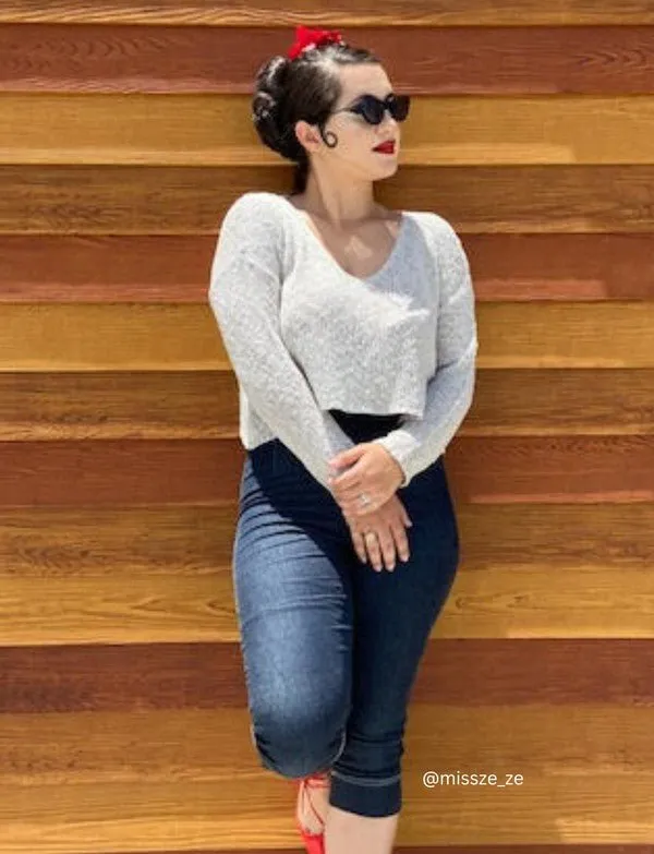 V Neck Drop Shoulder Slub Knit Crop Sweater Top