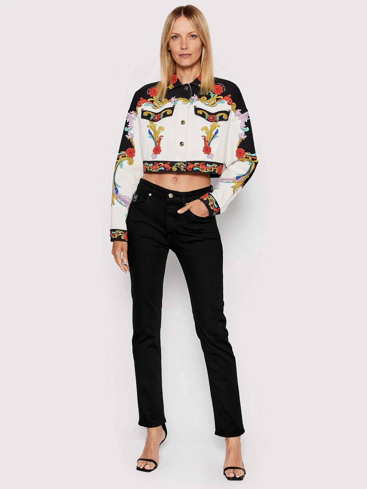 VERSACE JEANS COUTURE Sun Flower Garland Print Denim Jacket In White