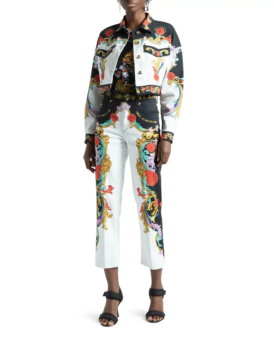 VERSACE JEANS COUTURE Sun Flower Garland Print Denim Jacket In White