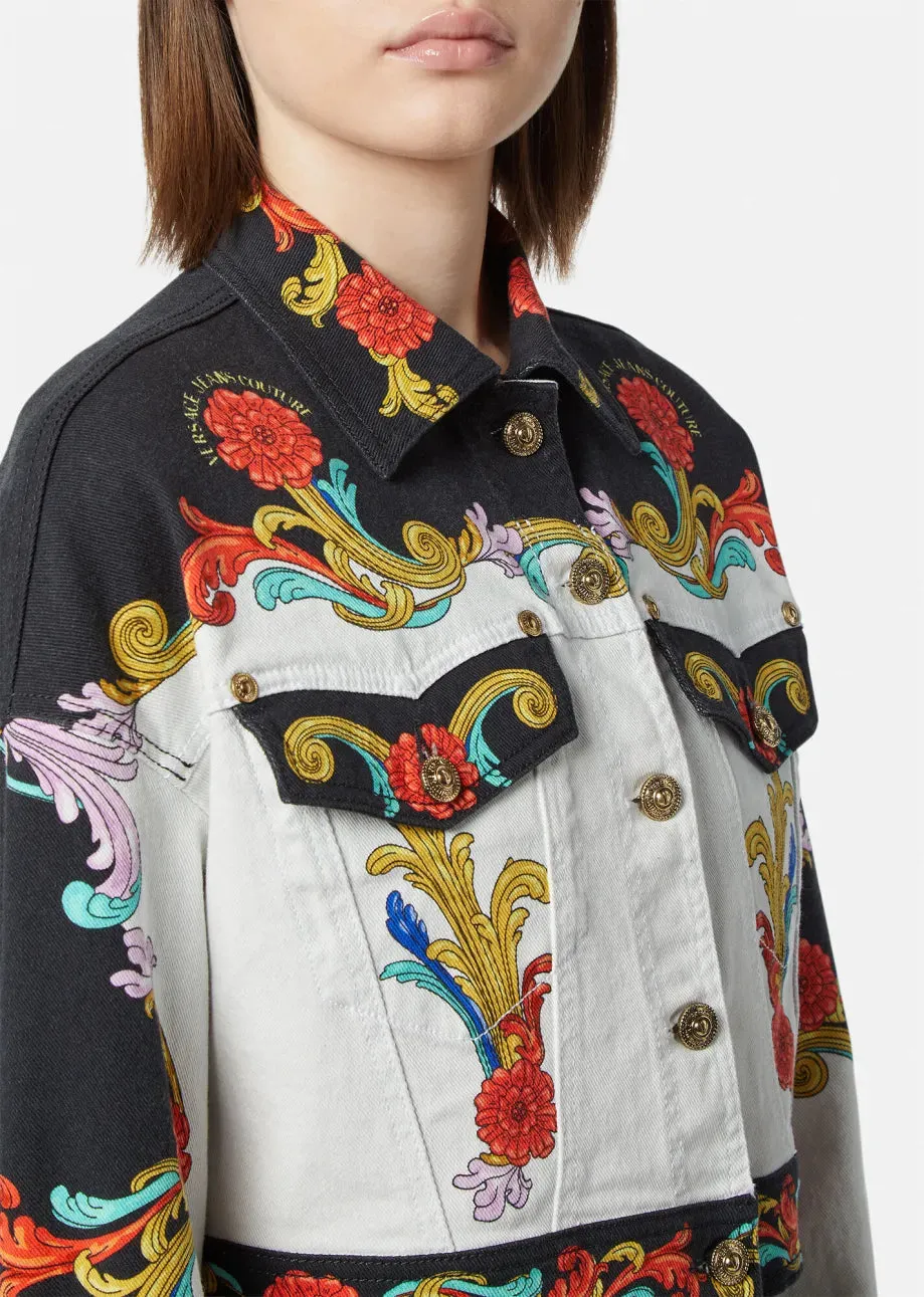 VERSACE JEANS COUTURE Sun Flower Garland Print Denim Jacket In White