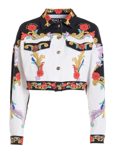 VERSACE JEANS COUTURE Sun Flower Garland Print Denim Jacket In White