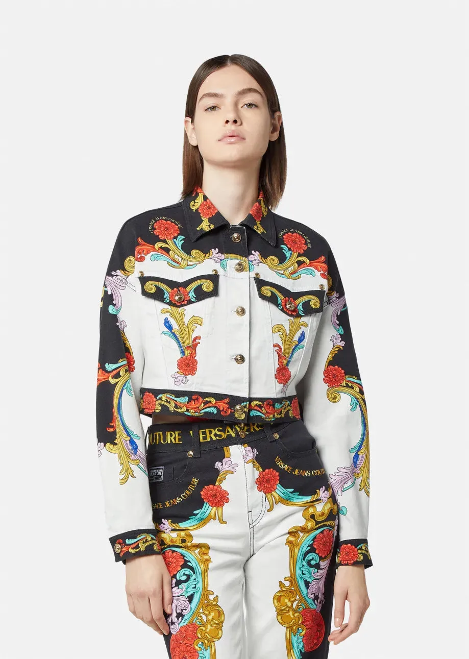 VERSACE JEANS COUTURE Sun Flower Garland Print Denim Jacket In White