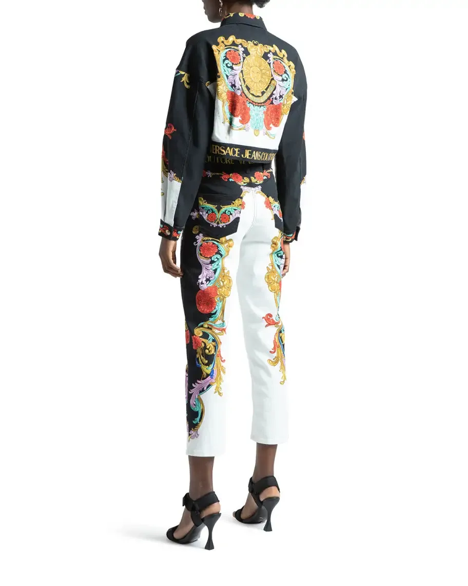 VERSACE JEANS COUTURE Sun Flower Garland Print Denim Jacket In White