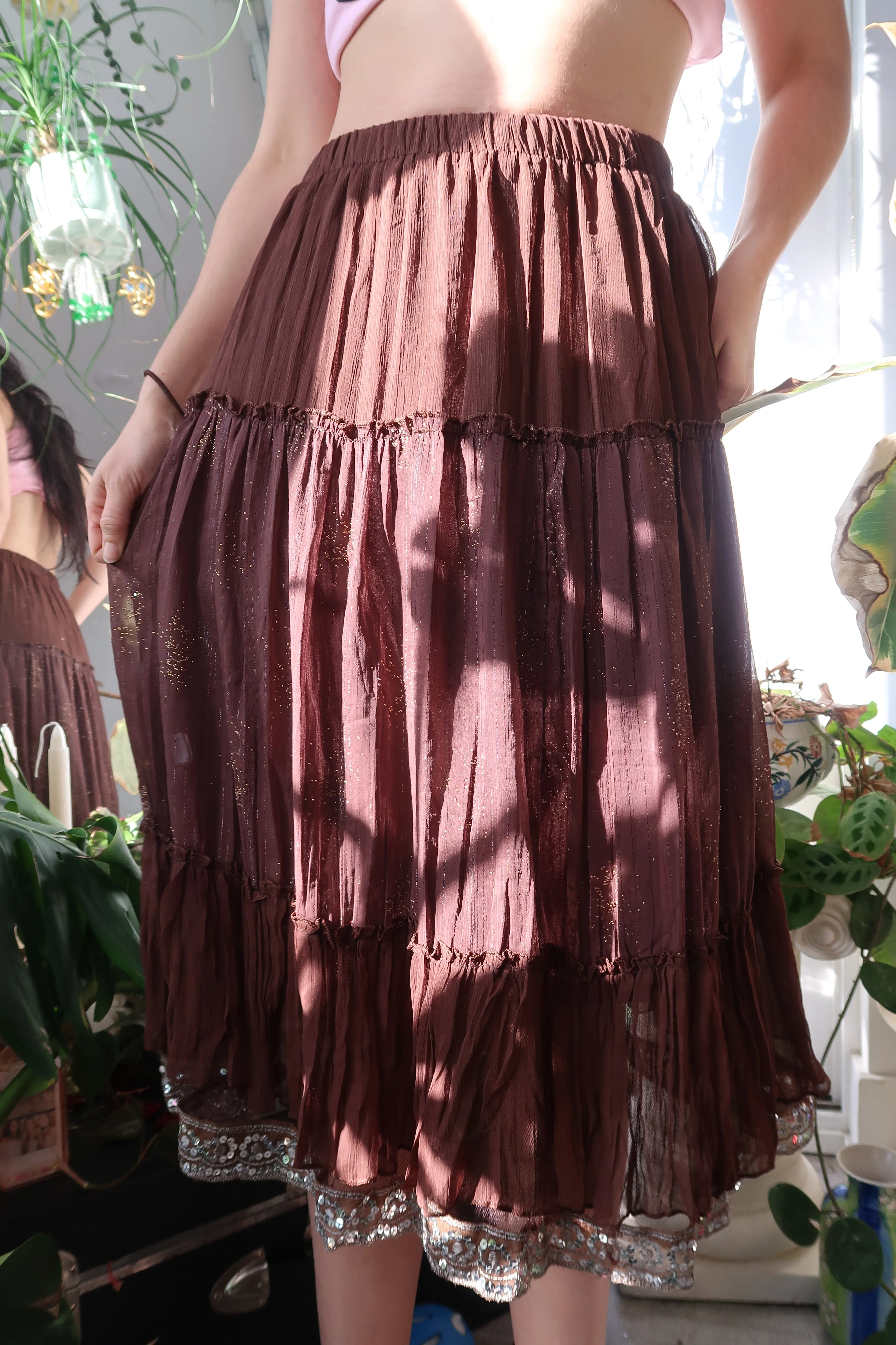 Vintage Brown Whimsigoth Boho Midi Skirt