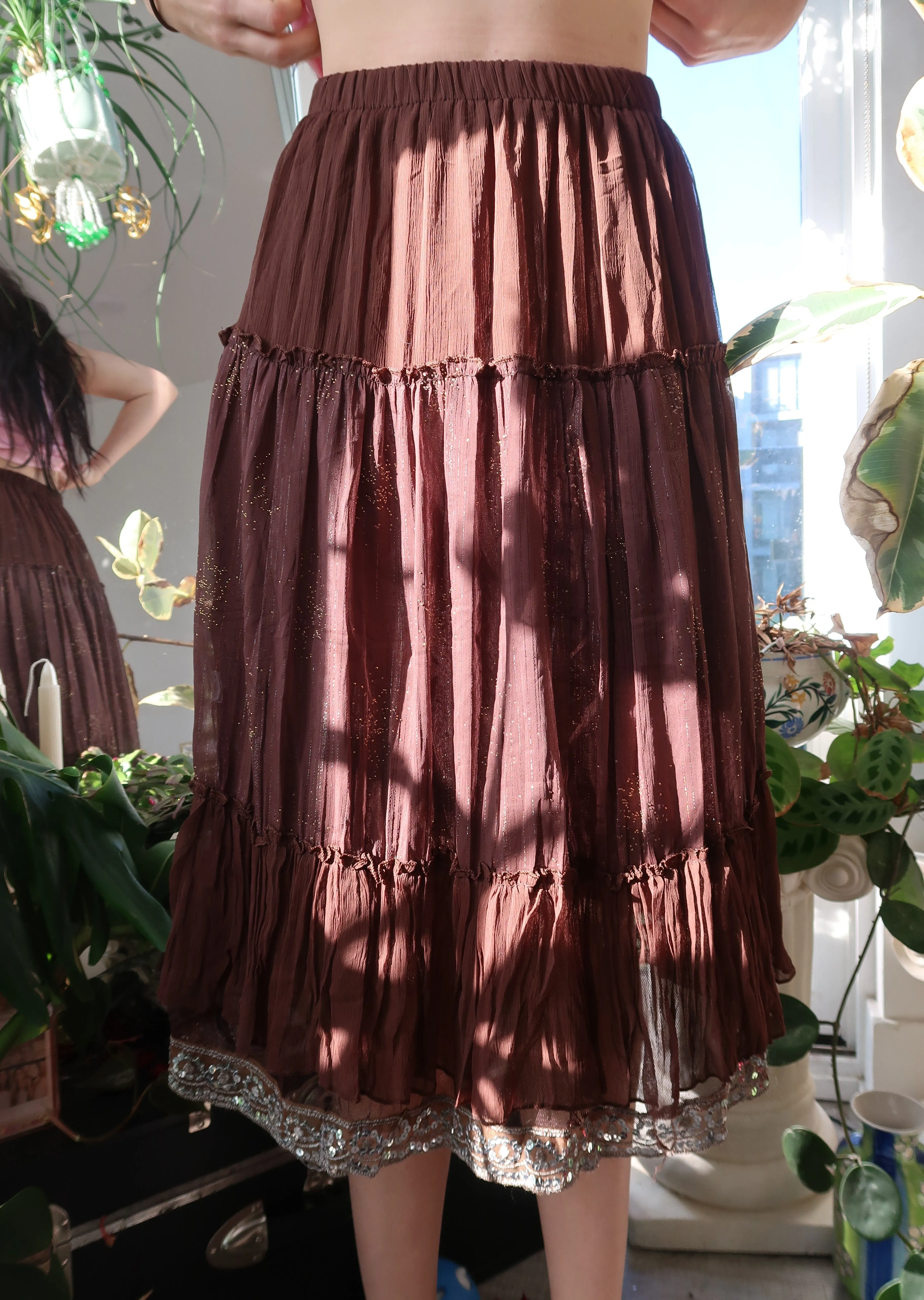 Vintage Brown Whimsigoth Boho Midi Skirt