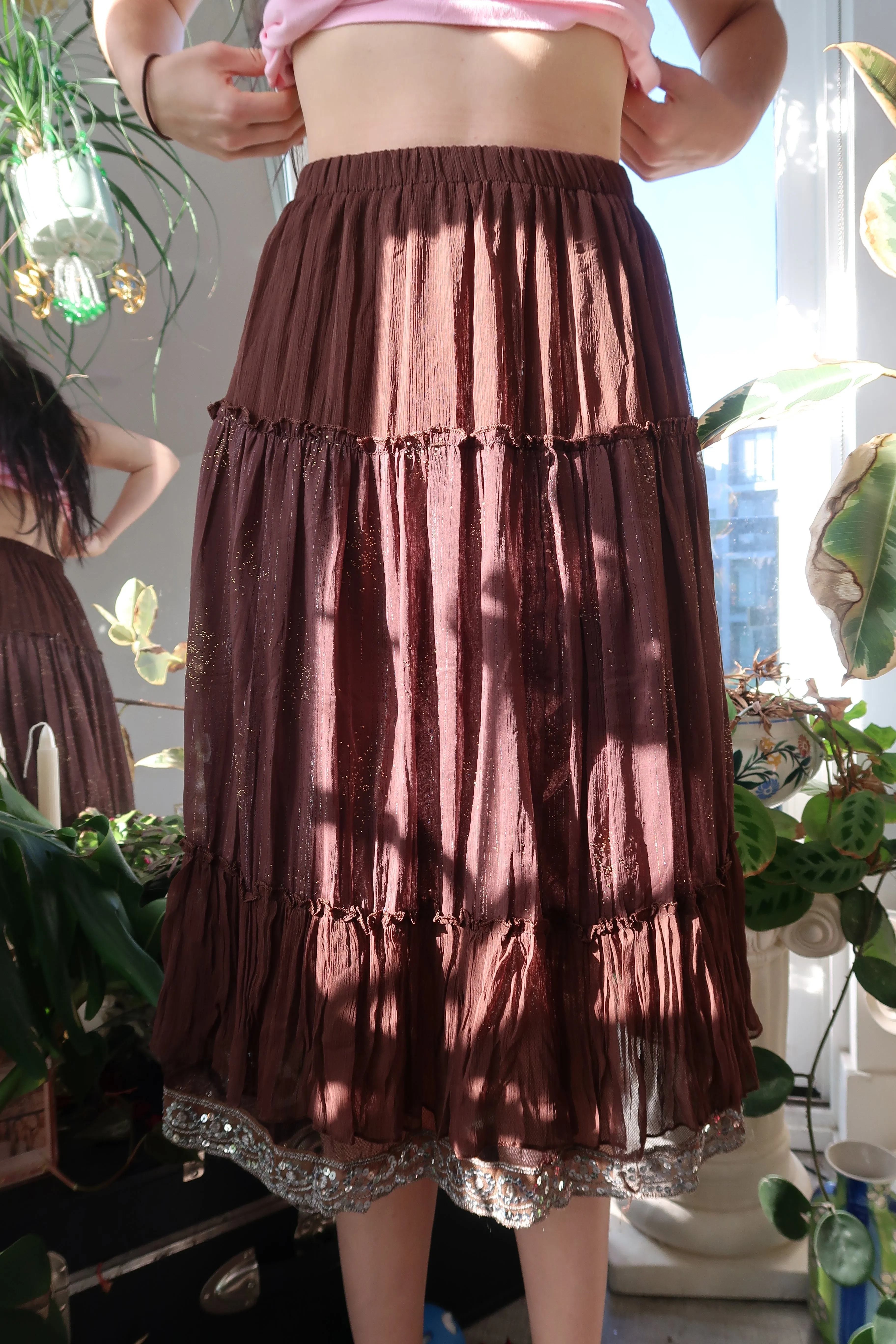 Vintage Brown Whimsigoth Boho Midi Skirt