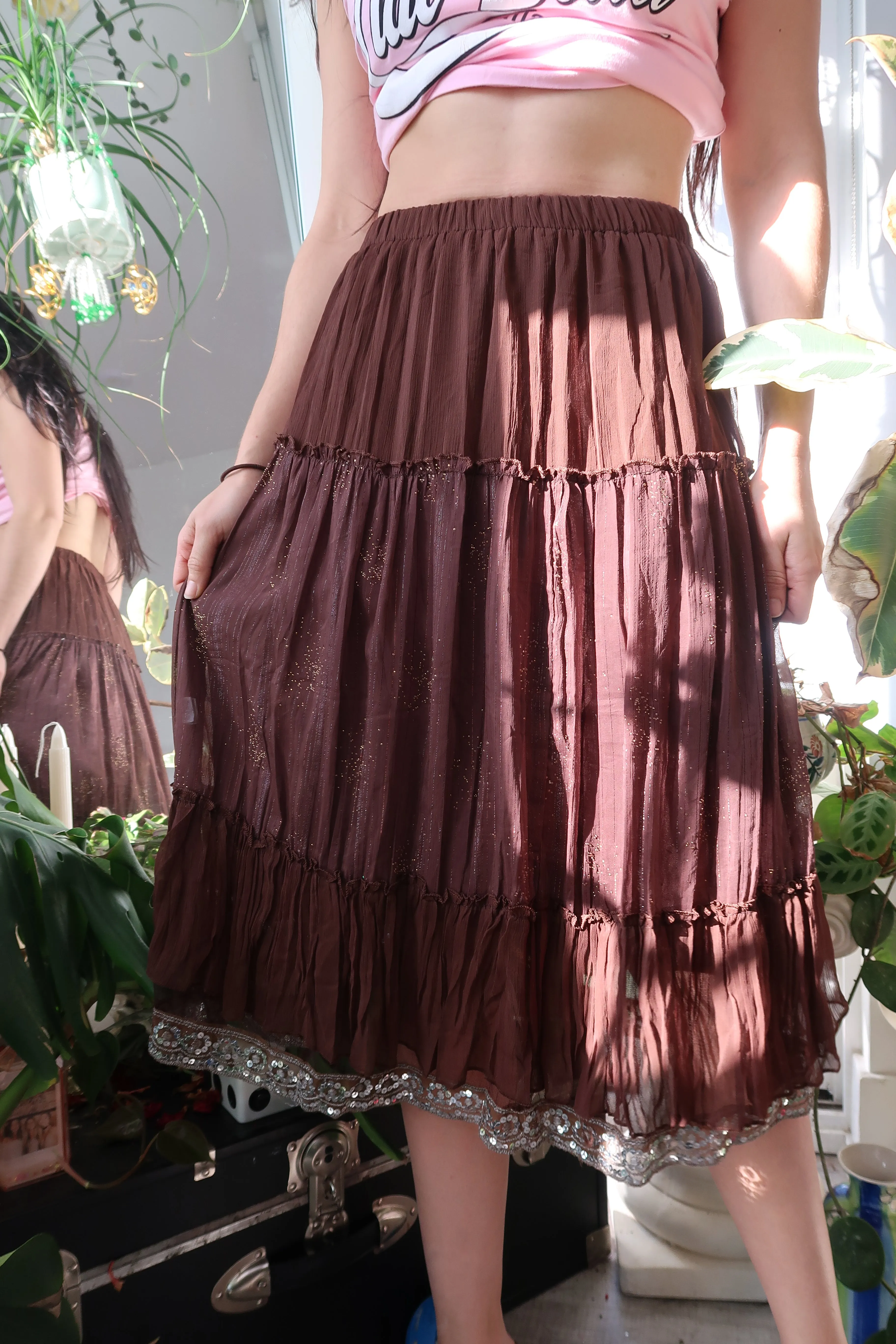 Vintage Brown Whimsigoth Boho Midi Skirt