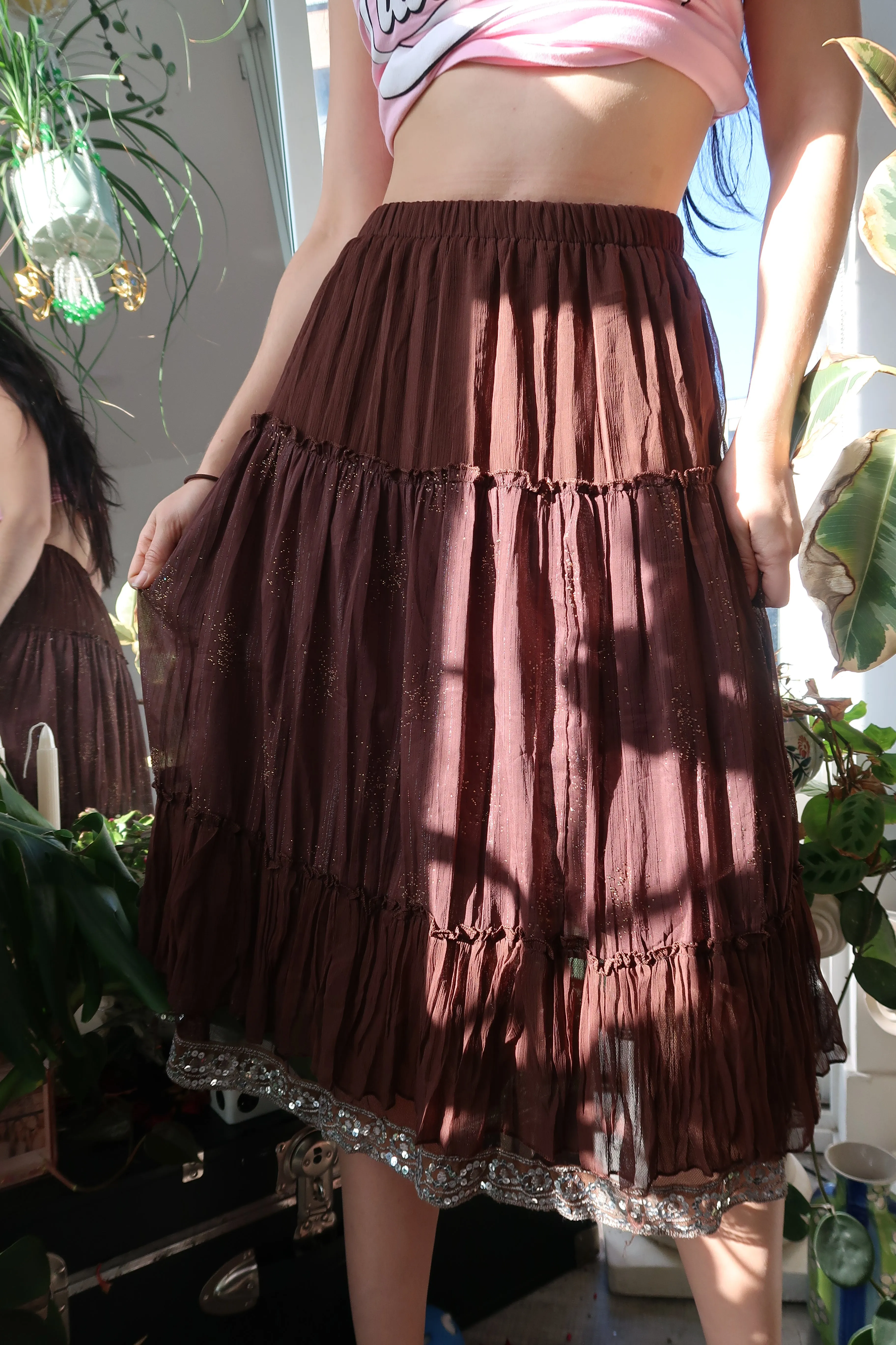 Vintage Brown Whimsigoth Boho Midi Skirt