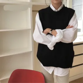 Voguable Women's Jersey Solid Color O-Neck Sleeveless Oversized Sweater Vest Female All-match Knitwear Fashion Tide  Gilet