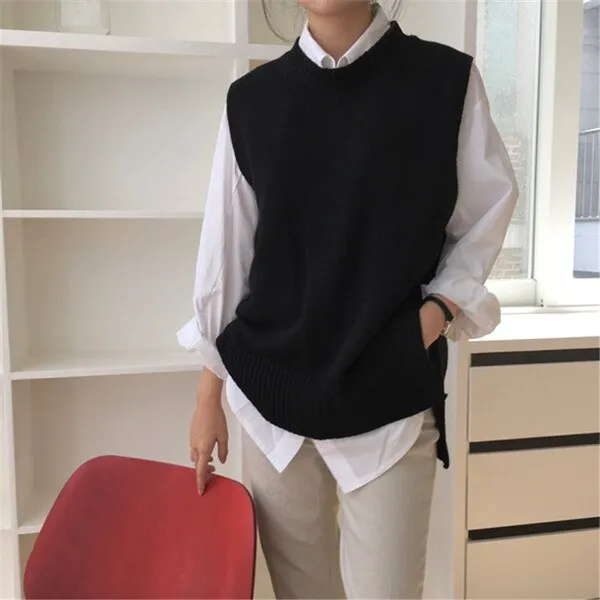 Voguable Women's Jersey Solid Color O-Neck Sleeveless Oversized Sweater Vest Female All-match Knitwear Fashion Tide  Gilet
