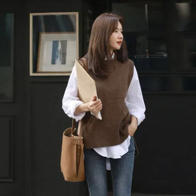Voguable Women's Jersey Solid Color O-Neck Sleeveless Oversized Sweater Vest Female All-match Knitwear Fashion Tide  Gilet