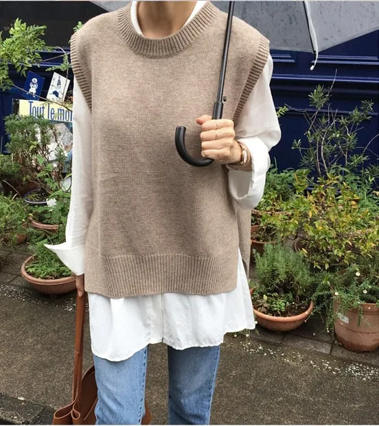 Voguable Women's Jersey Solid Color O-Neck Sleeveless Oversized Sweater Vest Female All-match Knitwear Fashion Tide  Gilet