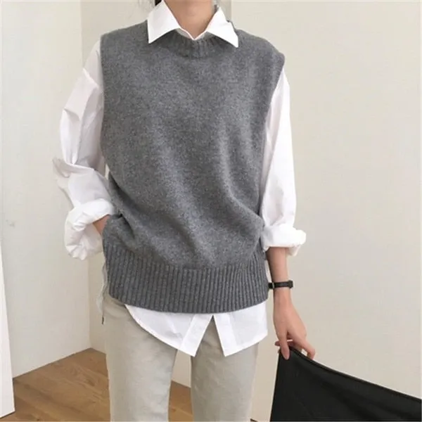 Voguable Women's Jersey Solid Color O-Neck Sleeveless Oversized Sweater Vest Female All-match Knitwear Fashion Tide  Gilet