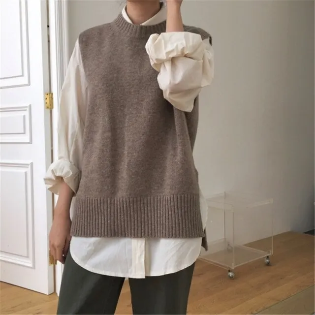 Voguable Women's Jersey Solid Color O-Neck Sleeveless Oversized Sweater Vest Female All-match Knitwear Fashion Tide  Gilet