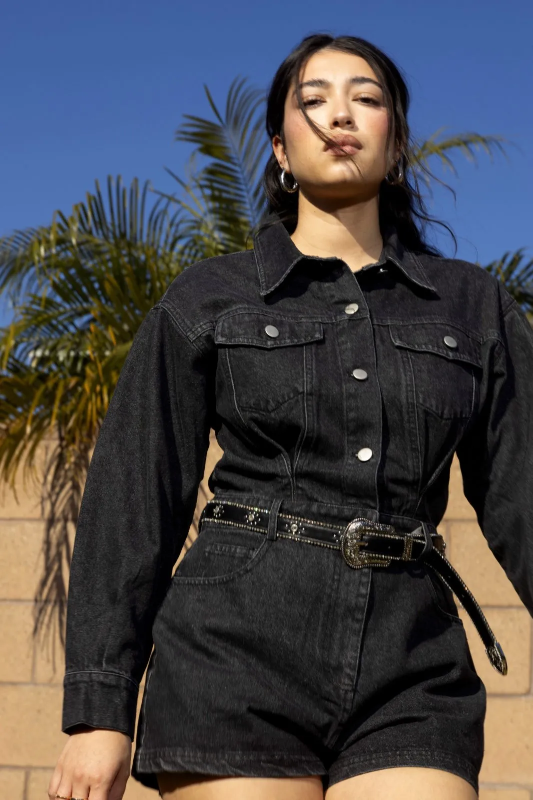 Washed Black Long Sleeve Denim Romper