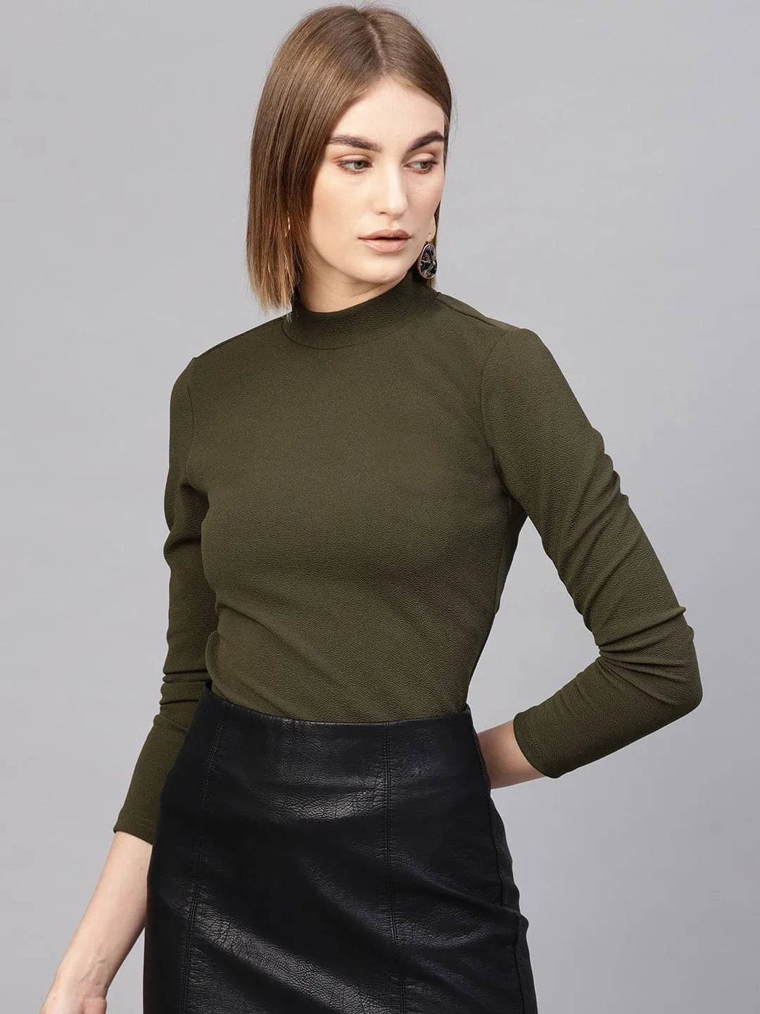 Women Olive Turtle Neck Top