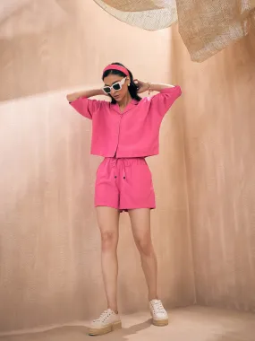 Women Pink Solid Crop Shirt With Shorts