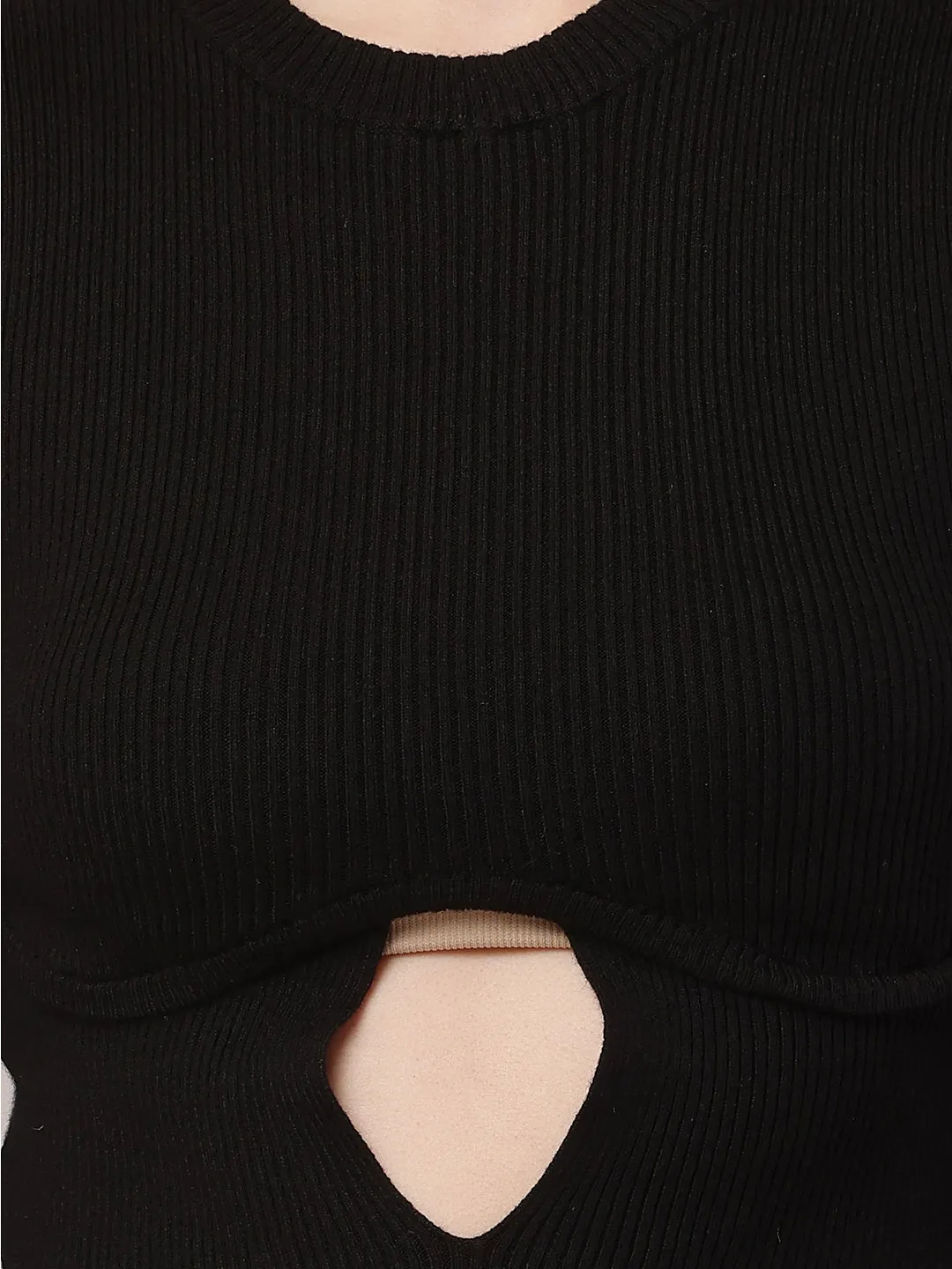 Women Round Neck Crop Black Sweater
