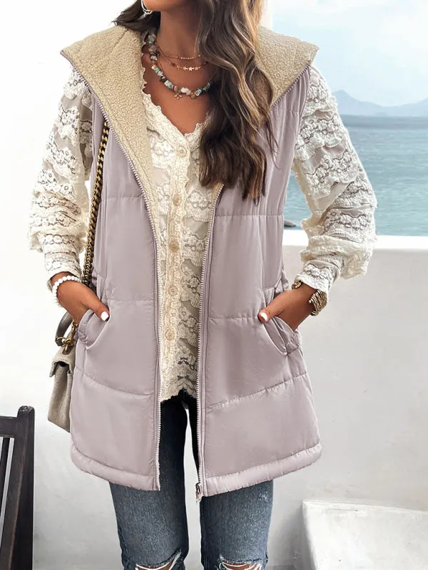 Women's Hooded Sleeveless Bubble Jacket Vest with Zipper and Pockets