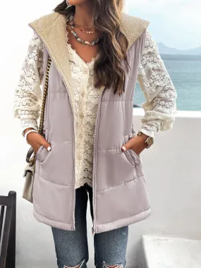 Women's Hooded Sleeveless Bubble Jacket Vest with Zipper and Pockets