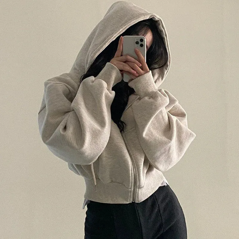 Women's Zipper Hooded Crop Sweatshirt