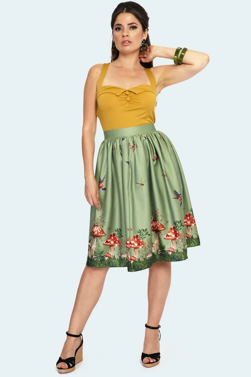 Woodland Toadstool Mushroom Border Flare Skirt