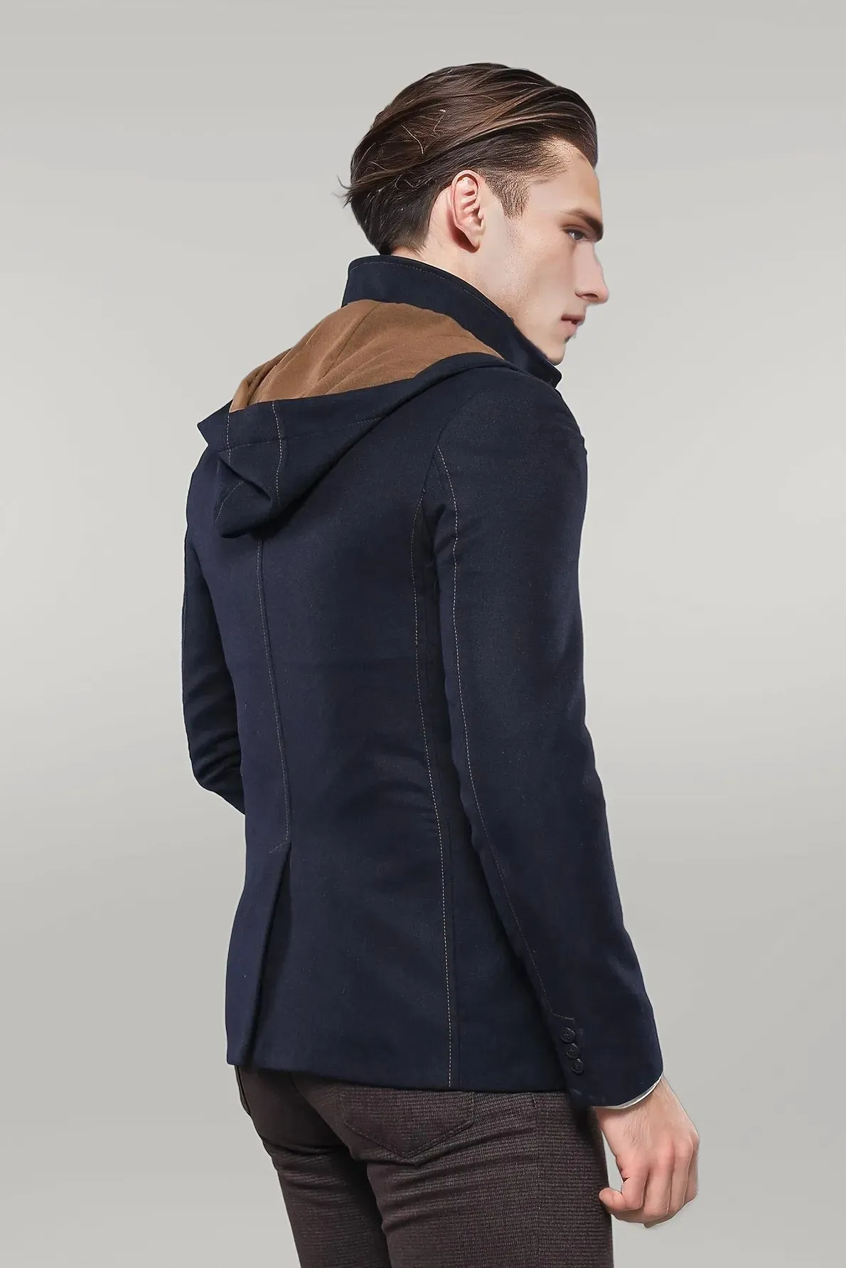 WSS 3 Pockets Hooded Zippered Wool Navy Blue Men Short Coat- - Singen