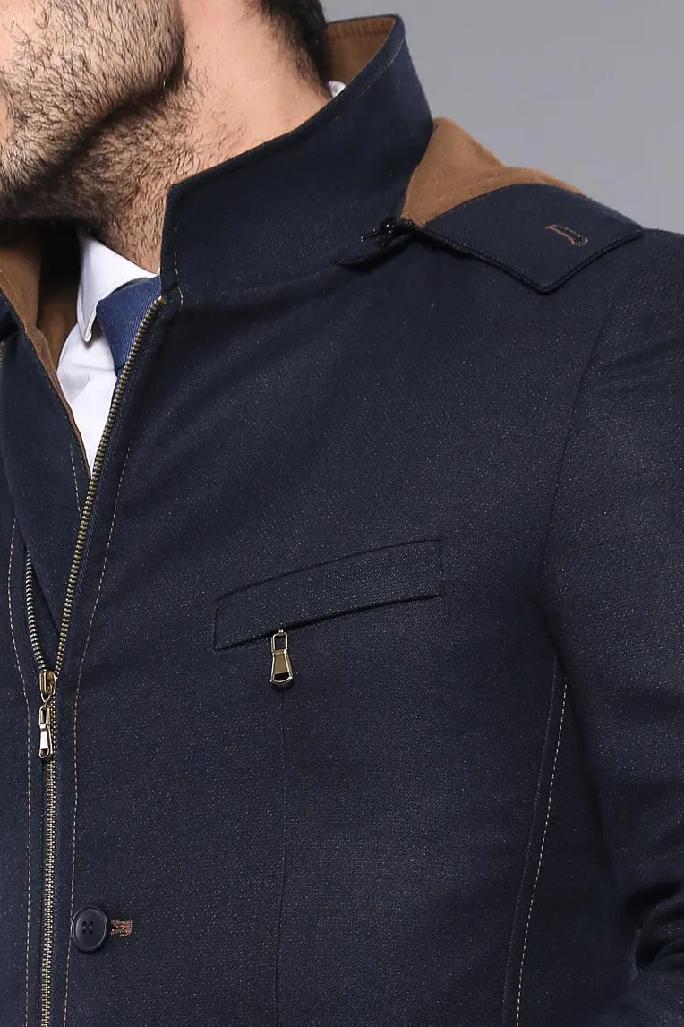 WSS 3 Pockets Hooded Zippered Wool Navy Blue Men Short Coat- - Singen
