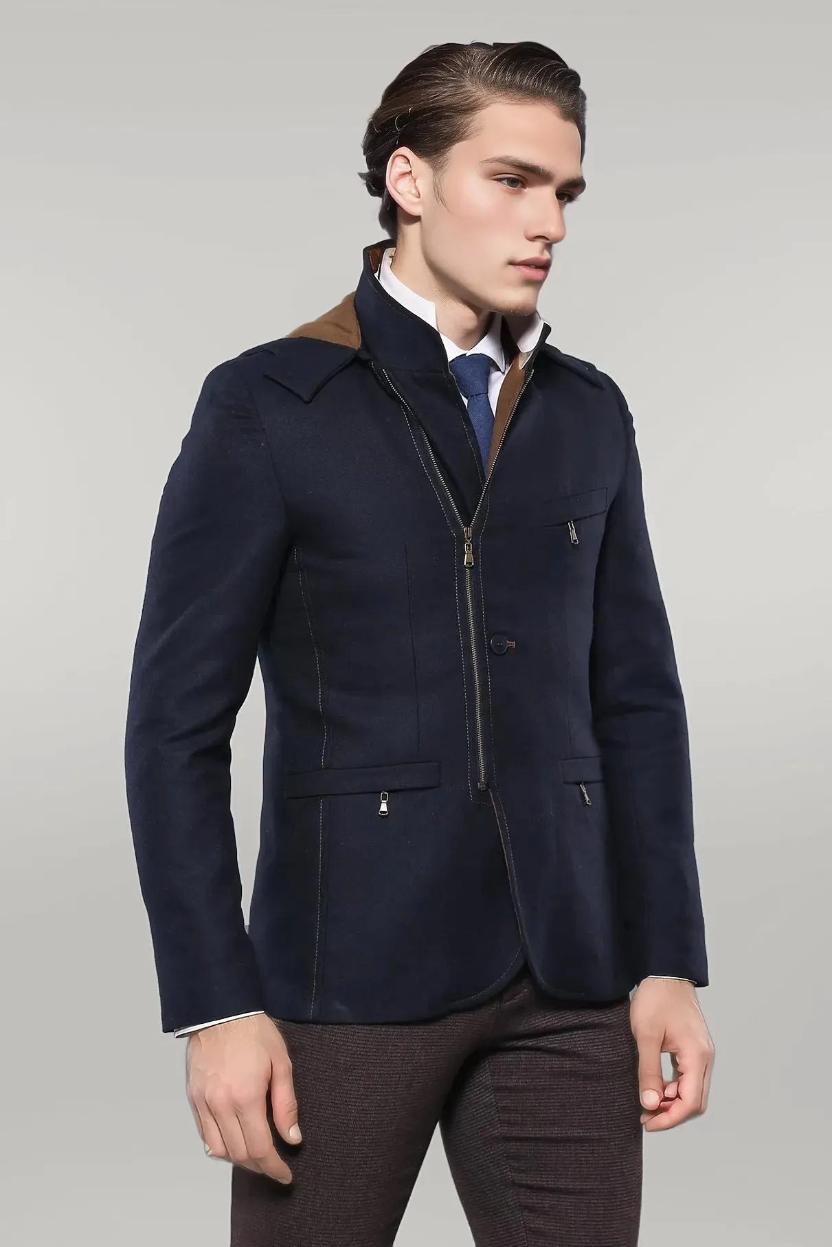 WSS 3 Pockets Hooded Zippered Wool Navy Blue Men Short Coat- - Singen