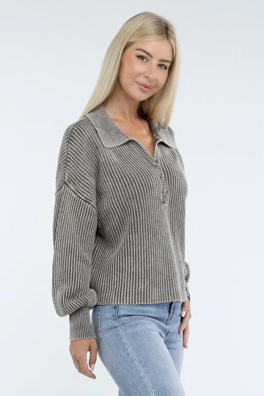 Zenana Washed Collared Henley Womens Sweater 6 Colors