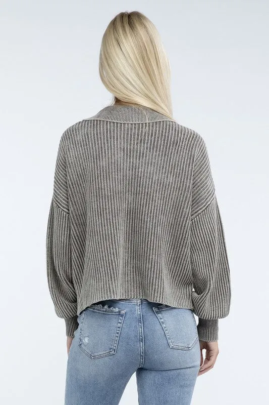 Zenana Washed Collared Henley Womens Sweater 6 Colors