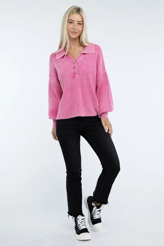 Zenana Washed Collared Henley Womens Sweater 6 Colors